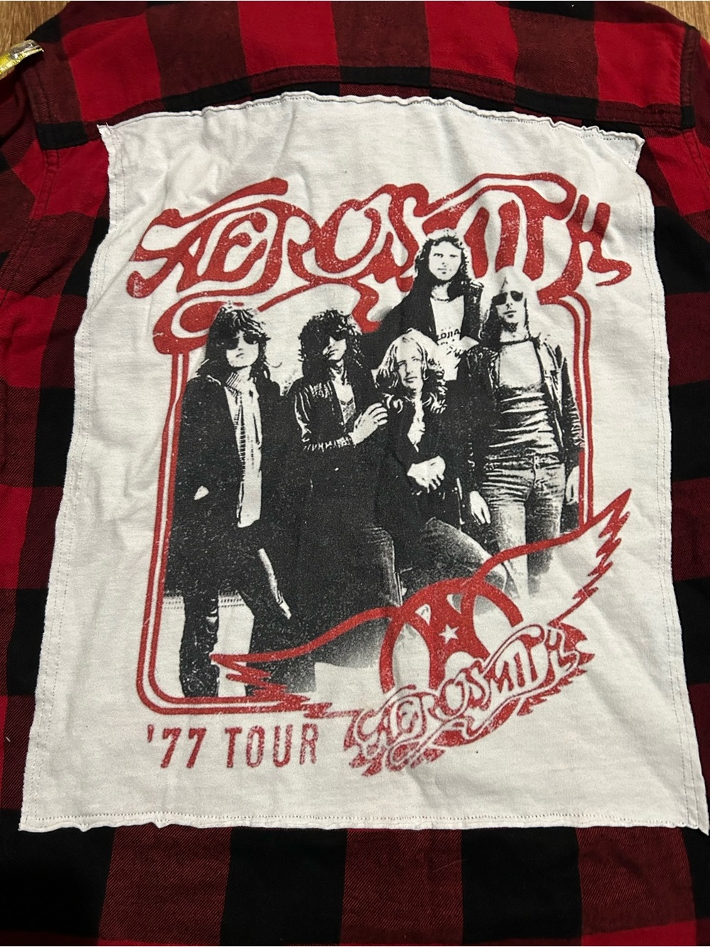 Cropped Upcycled Aerosmith '77 Tour Mens Plaid Flannel Shirt M